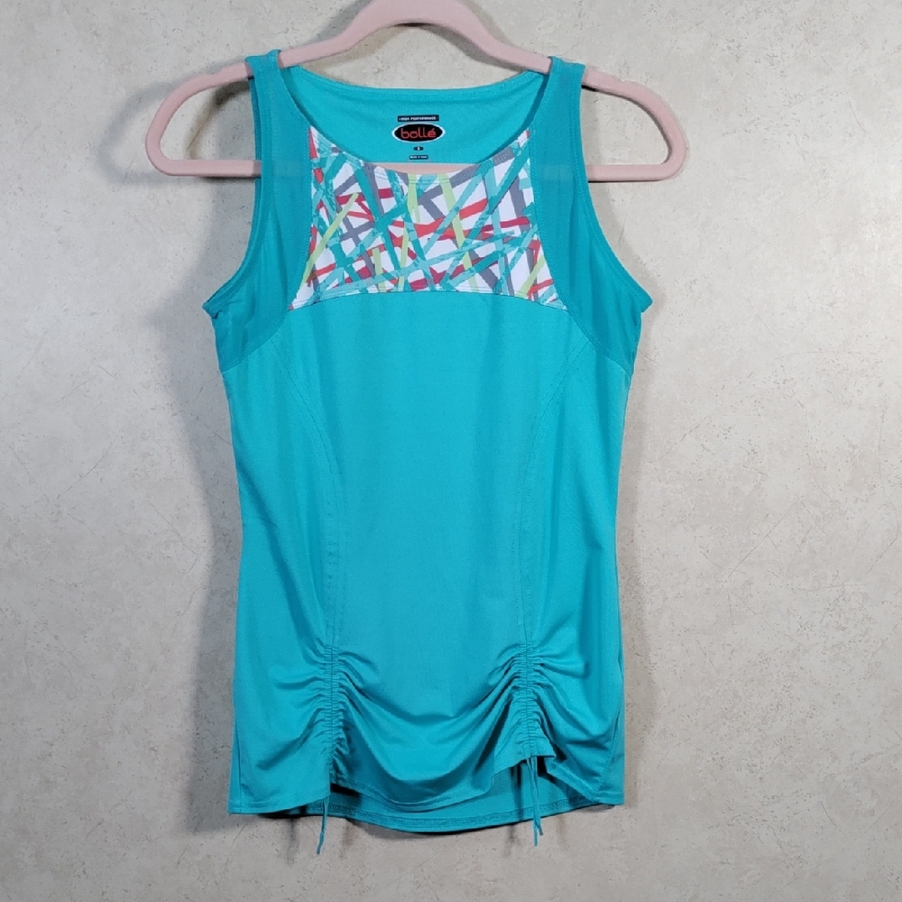 D163 Bolle turquoise w/gray & red accents ruched athletic top S